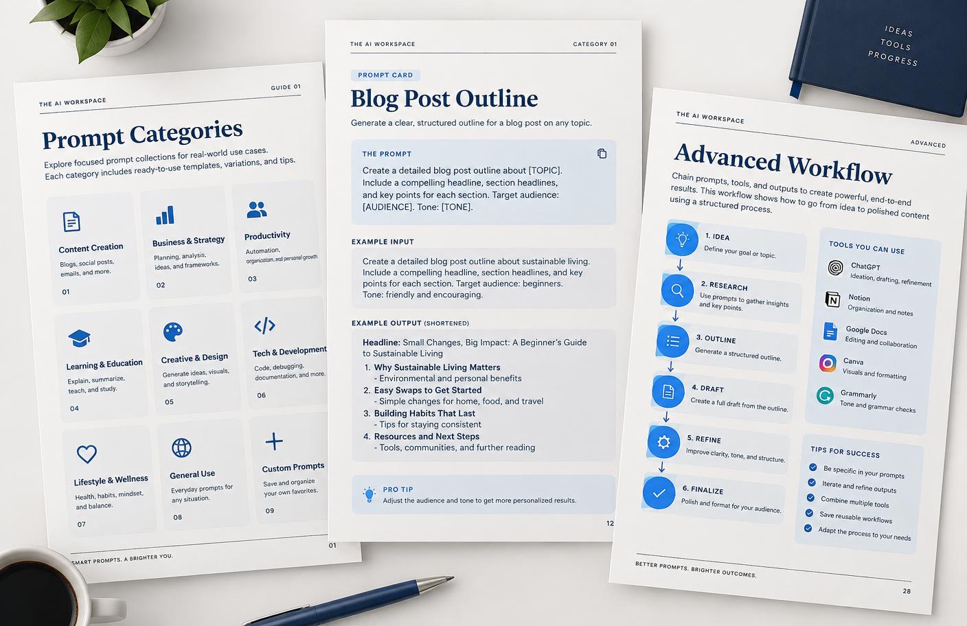Pages from the toolkit: prompt categories, a prompt card, and an advanced workflow
